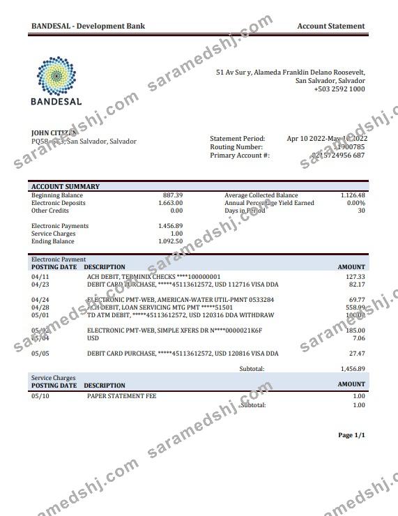 Salvador Bandesal bank statement template in Word and PDF format
